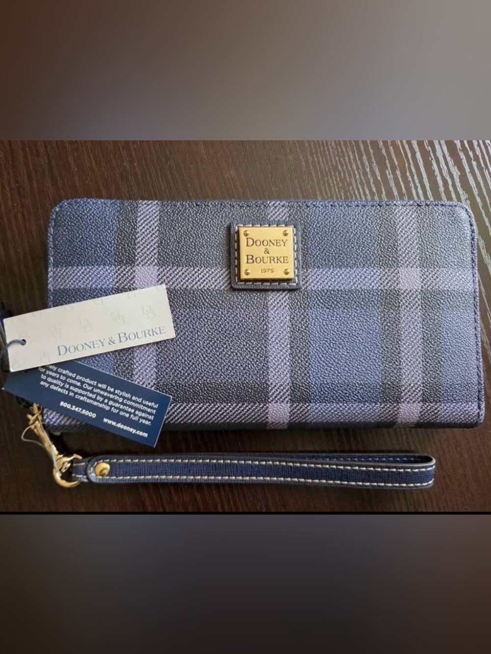 Dooney & Bourke Navy Plaid Zip Wristlet Wallet with Gold Logo